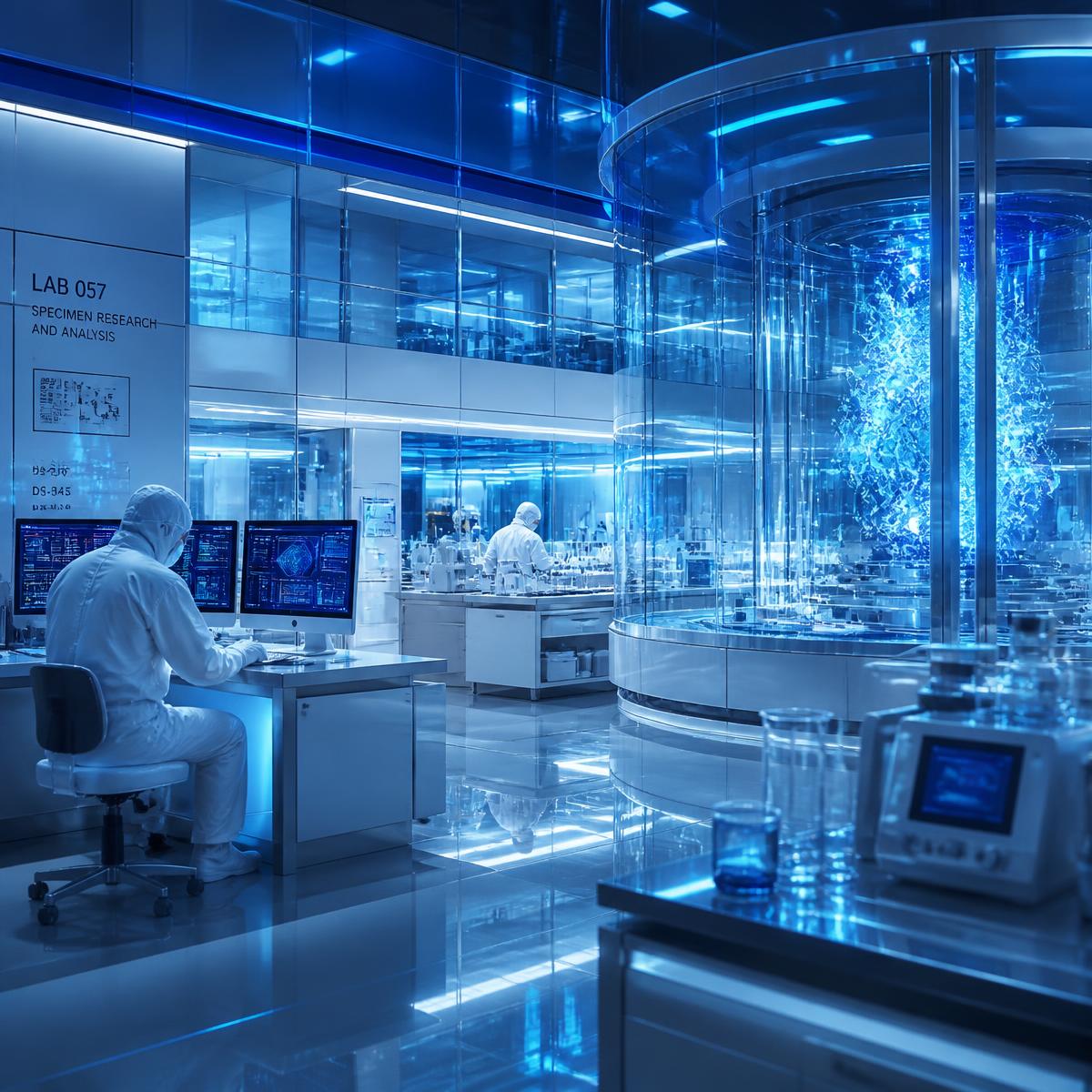High-tech computational laboratory with blue lighting and glass structures